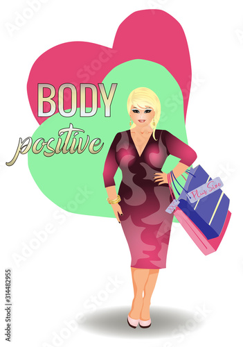 Body positive plus size shopper woman with shop bags, vector illustration