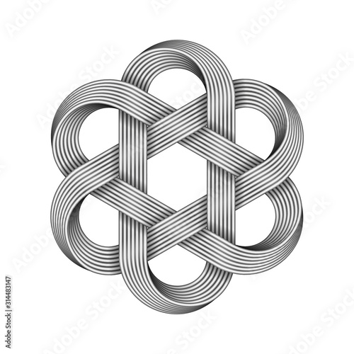 Hexagonal chinese knot made of crossed metal wires. Traditional ancient symbol. Vector illustration.