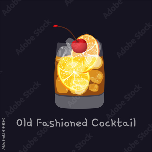 Tasty alcoholic old fashioned cocktail with orange slice, cherry, and lemon peel garnish with ice cubes, isolated on black background. Vector illustration