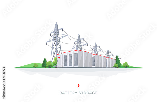 Large rechargeable battery energy storage from renewable electric power generation. Backup system with high voltage electricity power transmission on white background.