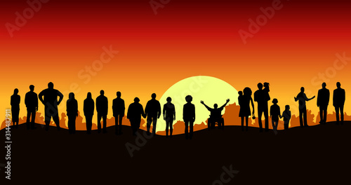 Silhouette group of different people standing on top of mountain. Sky and sunset background. Idea of unity and love. Vector illustration.