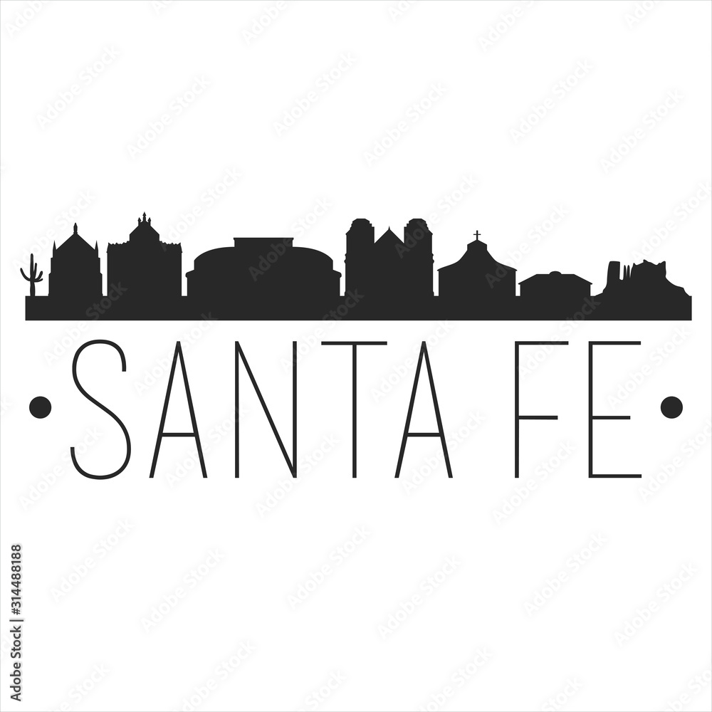 Naklejka premium Santa Fe w Nowym Meksyku. Panorama miasta. Silhouette City. Projekt wektor. Znane pomniki.