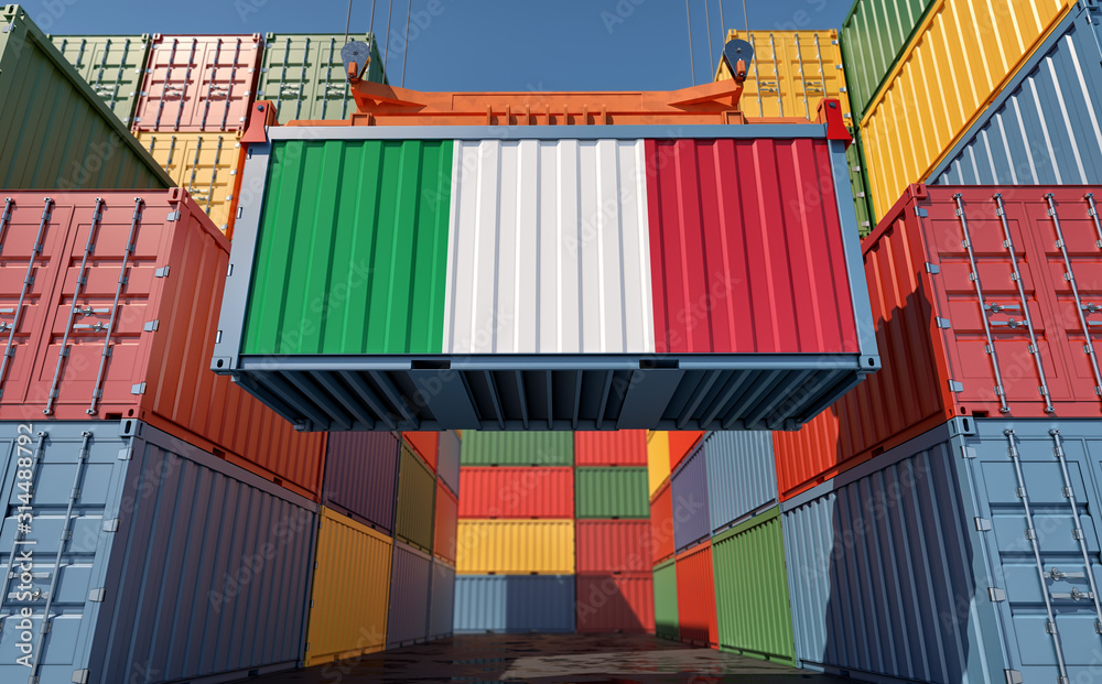 Fototapeta premium Container Terminal - Shipping Container with Italy flag. 3D Rendering