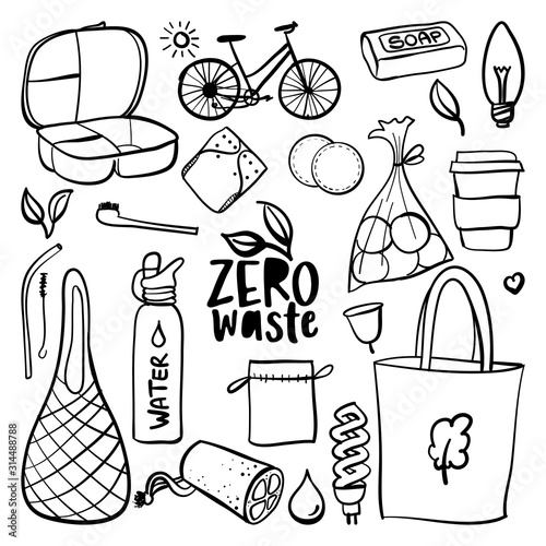 Zero waste logo reusable reusable items or products - Eco style. No plastic. Go green.  Lettering poster t-shirt textile graphic design. Beautiful illustration protest against plastic garbage.