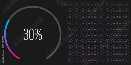 Set of circular sector percentage diagrams meters from 0 to 100 ready-to-use for web design, user interface UI or infographic - indicator with gradient from magenta hot pink to cyan blue