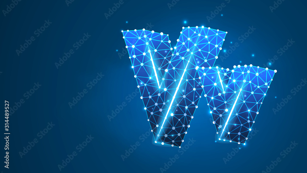 Alphabet letter V. Design of an Uppercase and lowercase english letters. Banner, template or a pattern. Abstract digital wireframe, low poly mesh, Raster blue neon 3d illustration. Triangle, line, dot