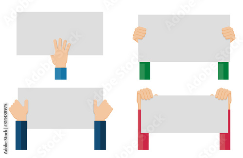 Flat design illustration of hands holding paper with copy space for text. Vector illustration of hands holding blank piece of paper for messages.