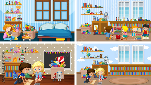 Four scenes with children playing in different rooms