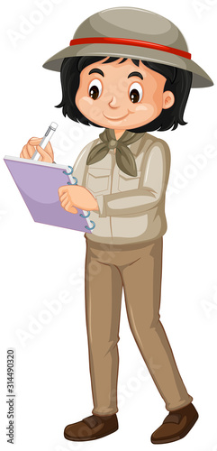 Girl in safari costume writing on white background