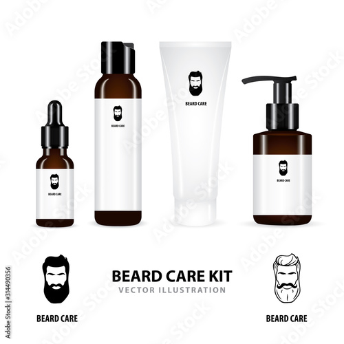 Beard care. Realistic beard care cosmetic bottles and package vector illustrations set isolated on white background. Realistic bottle, tube, dispenser and container for beard care cosmetic. Part of se