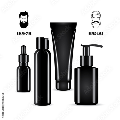 Beard care. Realistic beard care cosmetic bottles and package vector illustrations set isolated on white background. Realistic bottle, tube, dispenser and container for beard care cosmetic. Part of se