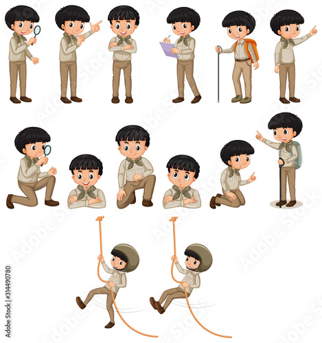 Boy in safari outfit doing many activities on white background