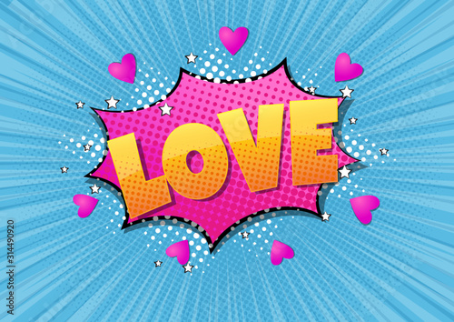 Comic bubble heart shape love pop art retro style. Romance and Valentines day. Love cartoon explosion. Falling in love.
