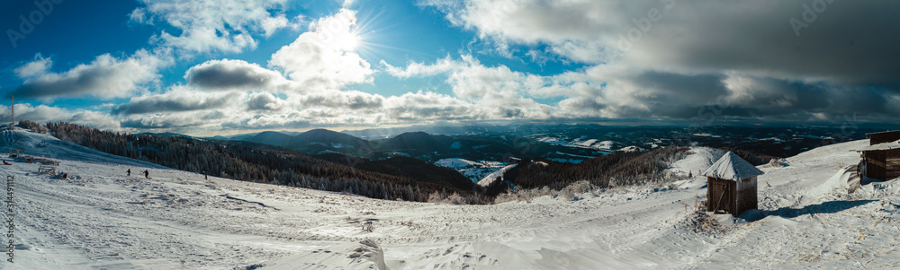 Panoramic view from mountain Zakhar Berkut, Carpathian mountains, Ukraine. Horizontal outdoors shot