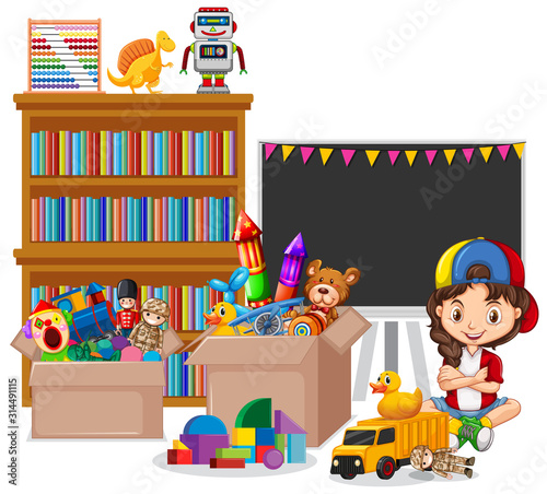 Shelf full of books and toys on white background