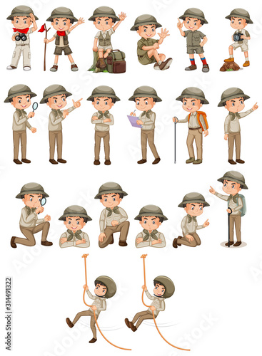 Boy in safari outfit doing different activities on white background