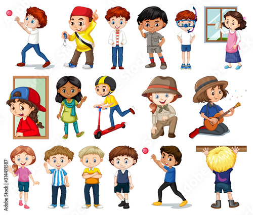 Large set of boys and girls doing different activity on white background