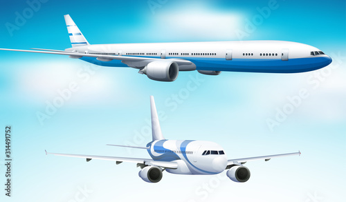 Two airplanes flying in blue sky background