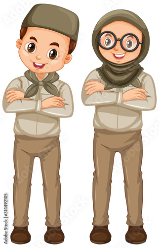 Boy and girl in scout uniform on white background