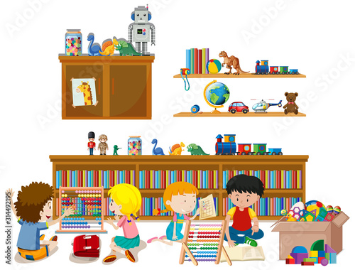Shelf full of books and toys on white background