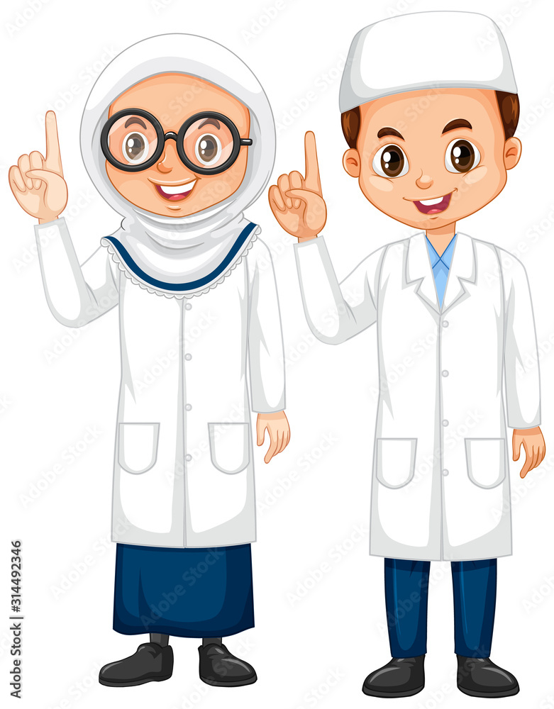 Boy and girl in science gown standing on white background Boy and girl in science gown standing on white background