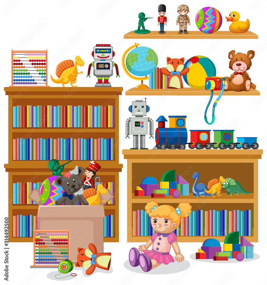 Shelf full of books and toys on white background Shelf full of books and toys on white background