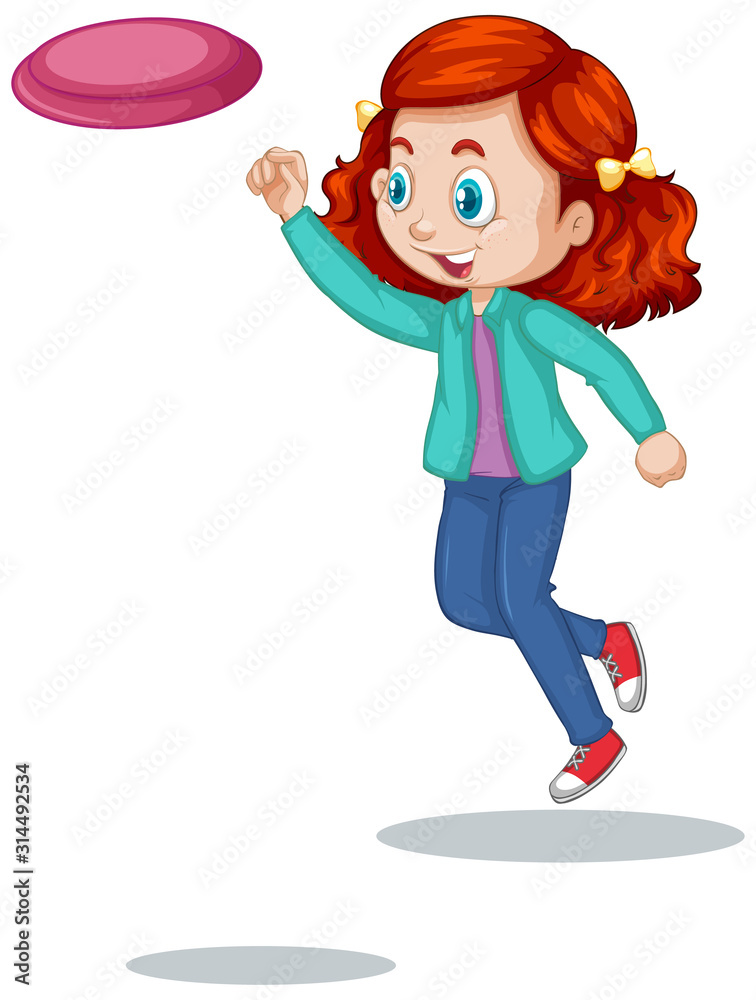 Red hair girl playing frisbee on white background