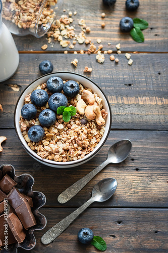Homemade Chocolate Nut Granola with Fresh Blueberries.