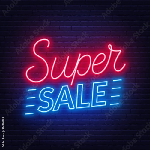 Super sale neon sign on dark background. Template for design.
