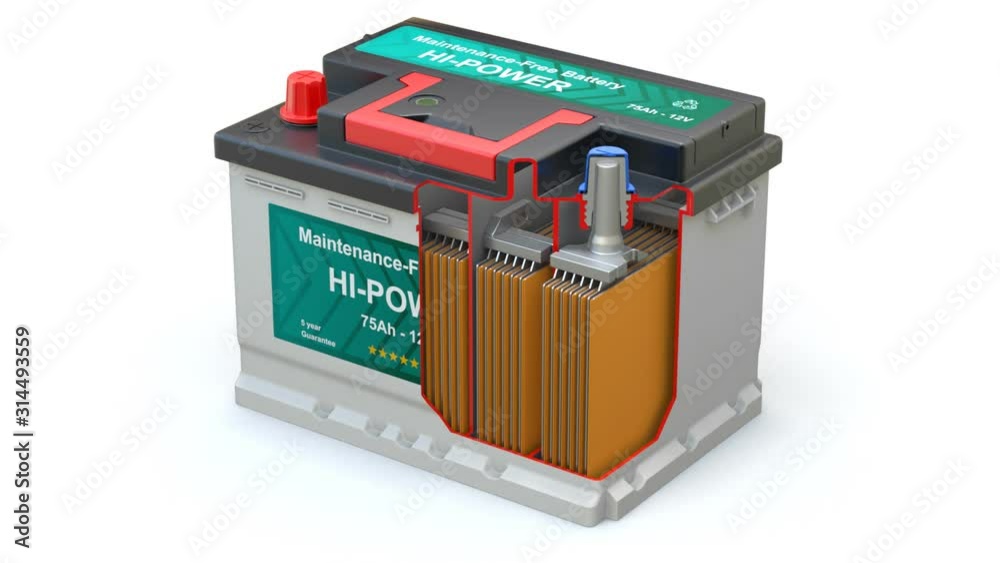 Cross section of car battery with abstract label animation - 3D animation seamlessly loopable Cross section of car battery with abstract label animation - 3D animation seamlessly loopable
