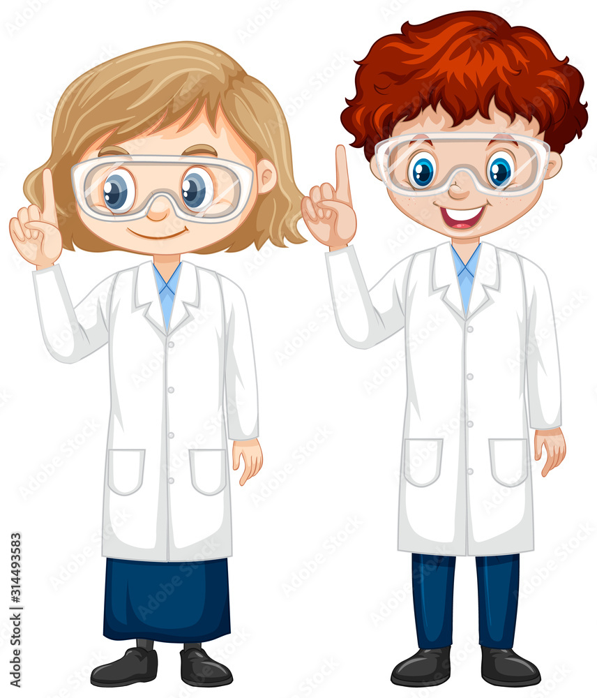 Boy and girl in science gown on isolated background Boy and girl in science gown on isolated background