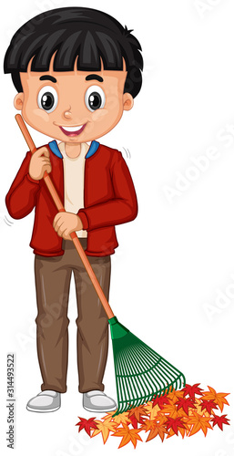 Boy raking leaves on white background