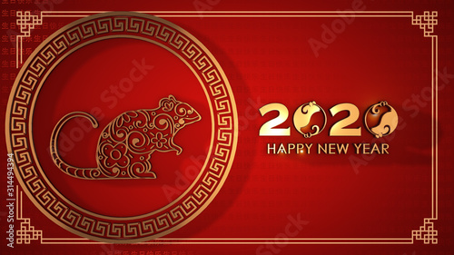 Chinese Happy New Year 2020 background with Lanterns. Chinese text English translate "Happy New Year".3d rendering