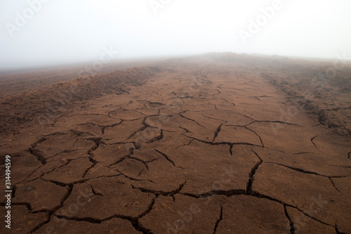 Foggy morning view of the drying out surface cracks in the peat extraction field in Estonia. Peat mining is considered as big environmental issue, and substantial source of greenhouse gas emmissions photo