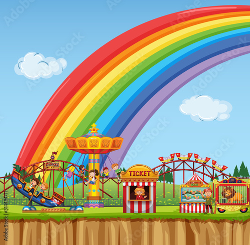 Circus scene with people playing on the rides