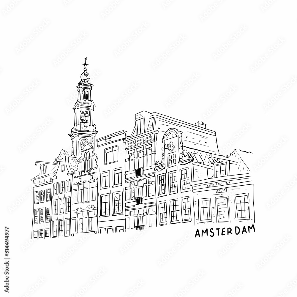 Amsterdam The Netherlands Illustration of Canal Houses and Westerkerk