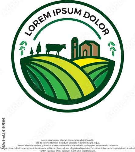 Farm House concept logo. Template with farm landscape. Label for natural farm products. colorful logo in white background.