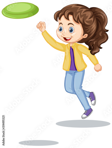 Happy girl playing frisbee on white background