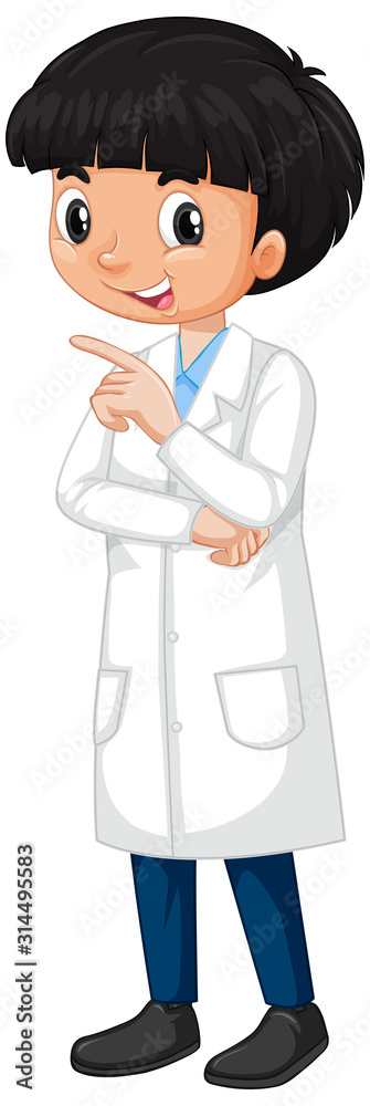 Happy boy in science gown standing on white background Happy boy in science gown standing on white background