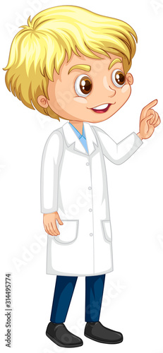 Happy boy in science gown standing on white background