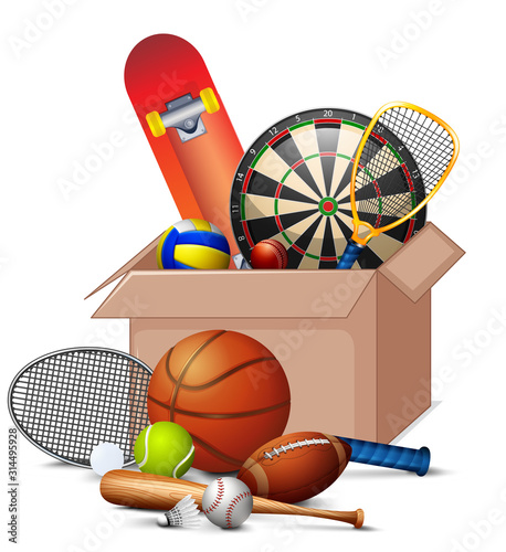 Cardboard box full of sport equipments on white background