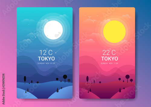 day and night landscape illustration with sun,moon,hills,star,clouds,weather app,user interface design