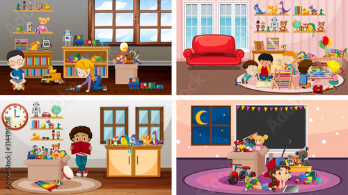 Four scenes with children playing in different rooms