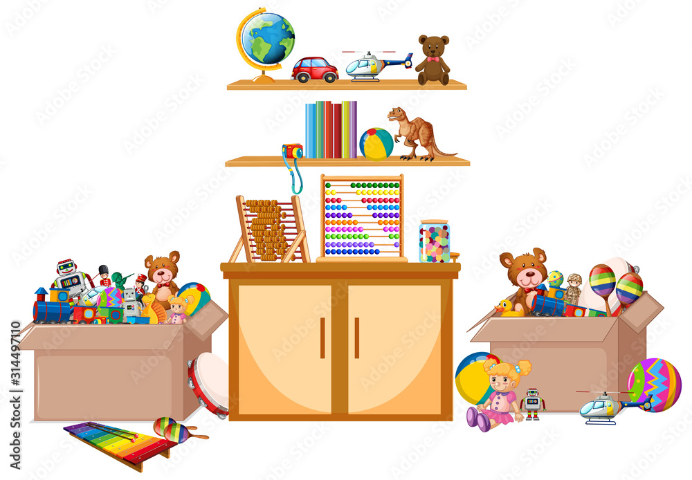 Obraz premium Shelf full of books and toys on white background