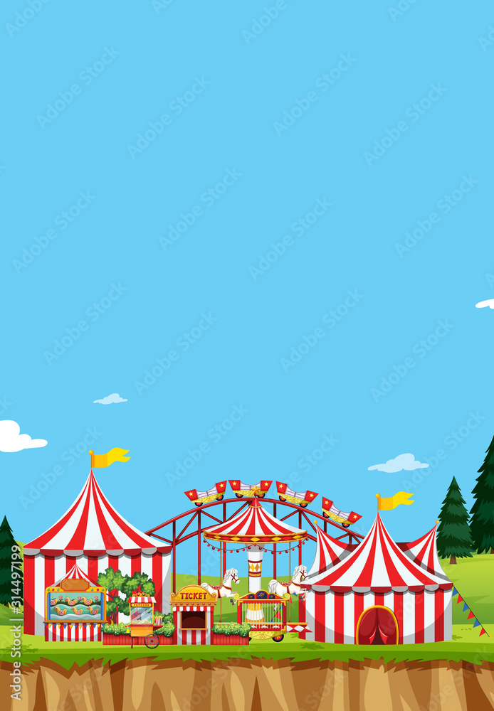 Circus scene with tents and many rides