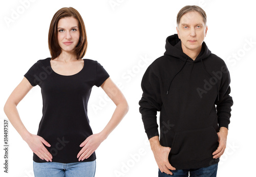 Lady in empty tshirt, guy in empty hoodie mock up isolated