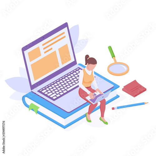 Online education or work with laptop isometric isolated vector illustration.
