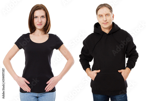 Girl in black tshirt mockup, man in black hoodie mocku up isolation on white background
