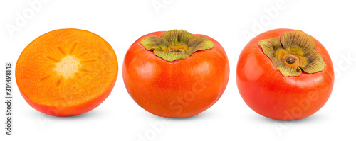 ripe persimmons with leaf isolated on white background