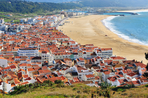 top view of Nazare town and sand beach photo
